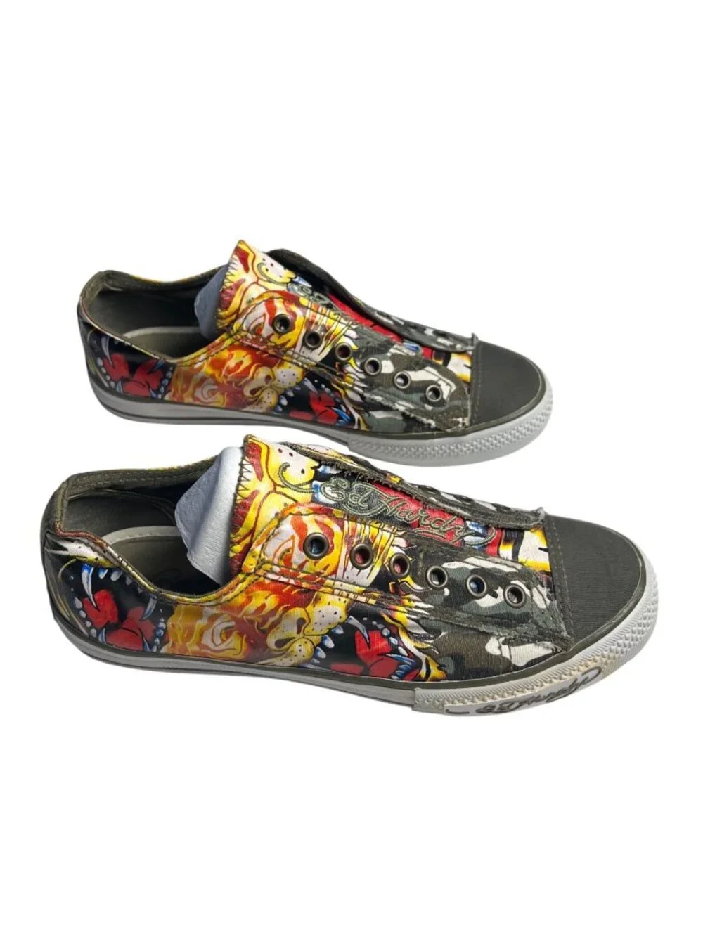 VTG Y2K Ed Hardy Tiger Tattoo Canvas Slip-On laceless Sneakers Mens 8 Womens 10